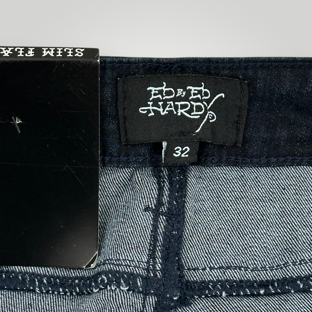 NEW Ed Hardy Jeans Skull Rose Women Size 32 Dark Wash Slim Flare Graphic Stretch - Picture 8 of 11